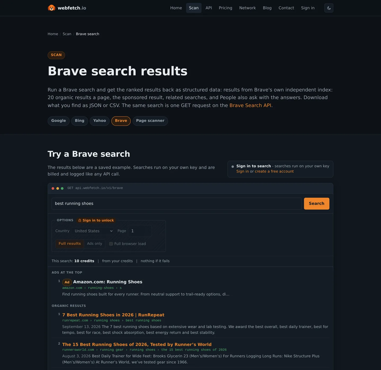 The Webfetch Brave search tool with a saved search for best running shoes, showing the sponsored result at the top and the first organic results