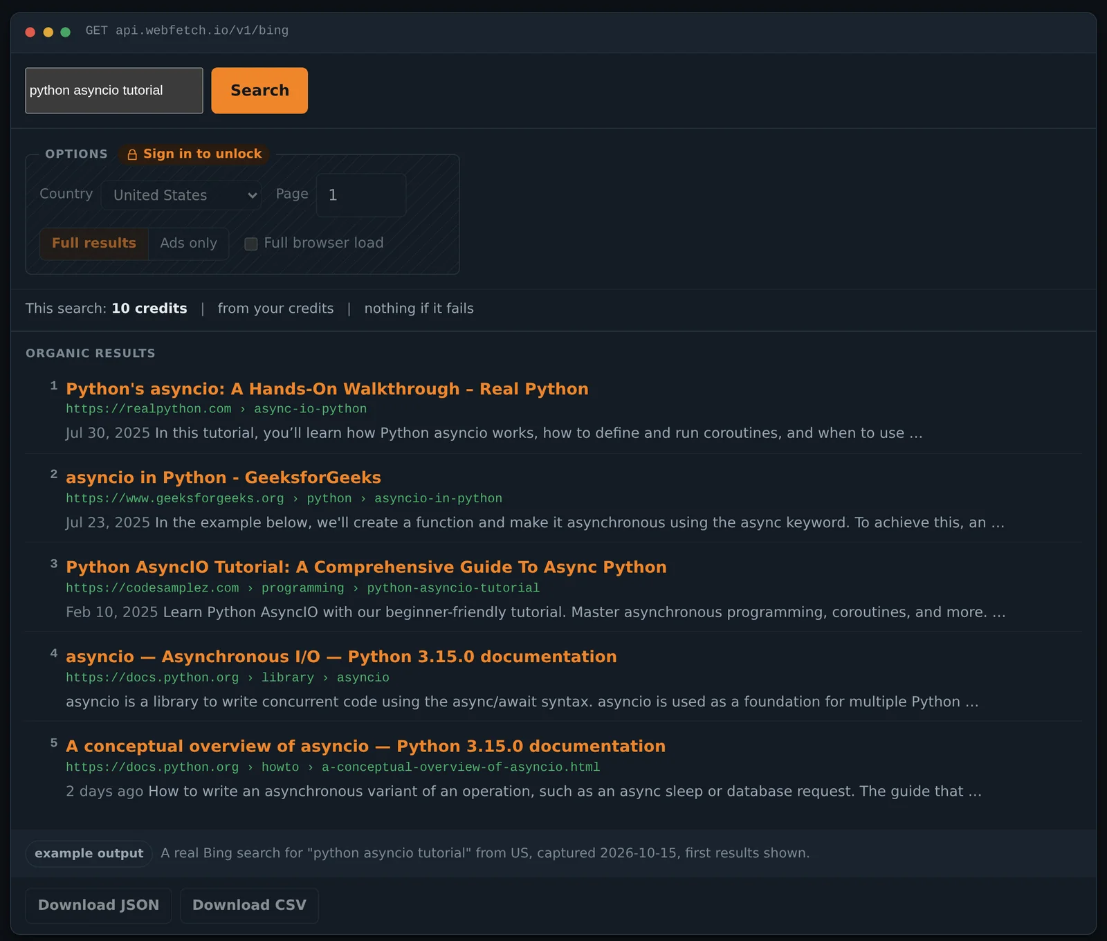 The Webfetch Bing search tool showing ranked results for python asyncio tutorial, with the date beside each snippet
