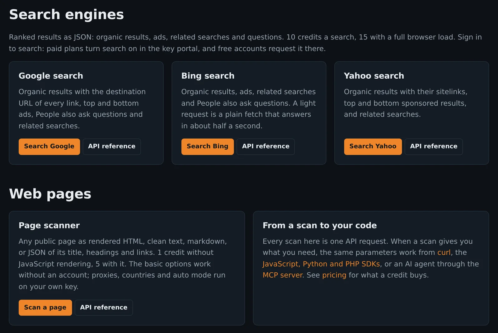 The Webfetch Scan page with Google search, Bing search, Yahoo search and the page scanner