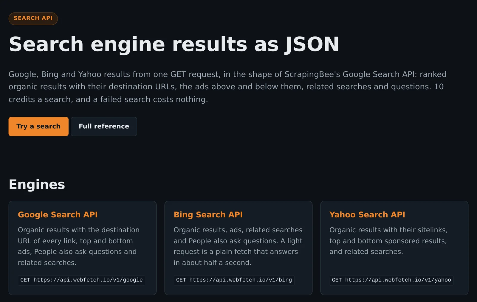 The Webfetch Search API overview page, with Google Search API, Bing Search API and Yahoo Search API endpoints