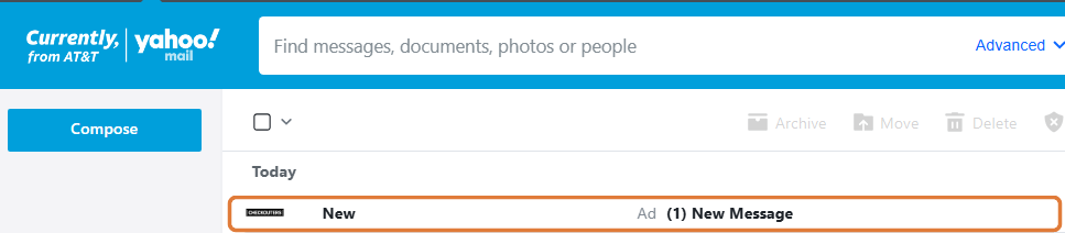The AT&T edition of Yahoo Mail with a sponsored inbox row from Checkouters that reads New and (1) New Message, outlined in orange.