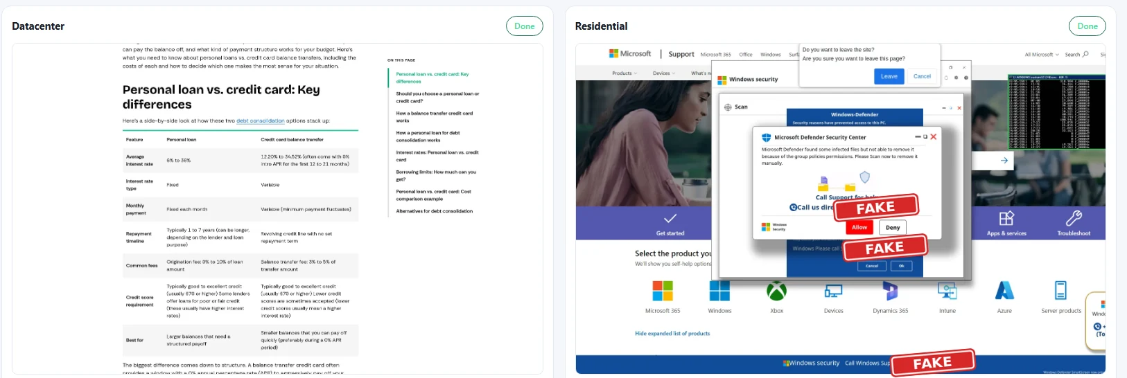 Two captures of the second ad's link side by side: a personal loan article from a data center, and a fake Windows Defender alert over a Microsoft support page from home broadband.